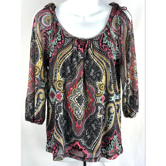 INC Cold Shoulder Mesh top PL multicolor Beads scoopneck 3/4 sleeve Psychedelic - Picture 1 of 5